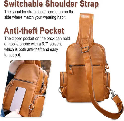 Vista 6 de CENUNCO Bolso bandolera de cuero genuino para hombre, mochila cruzada, casual, senderismo, motocicleta, bolsa de pecho antirrobo, bolso de viaje