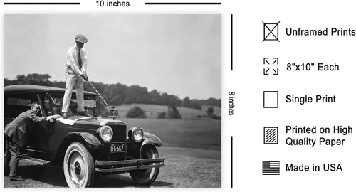 Vista 2 de Poster Master Póster vintage de golfista en la parte superior del auto antiguo, impresión deportiva retro, arte clásico para automóvil, arte