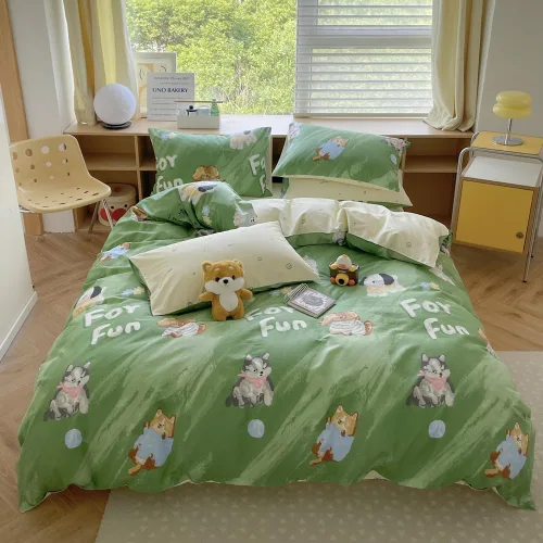 Vista 7 de LIWHENHAO Juego de funda de edredón para perro, tamaño individual, 100% algodón, ropa de cama de dibujos animados de cachorros husky en verde, 1