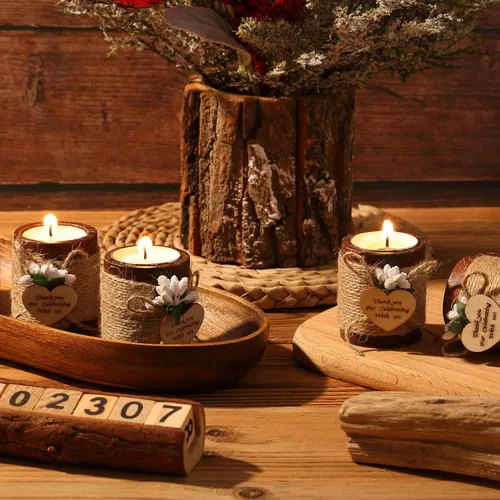 Vista 7 de Treela 12 Piezas Portavelas de Madera para Velas de Té Portavelas para Despedida de Soltera Portavelas Cilíndricos de Madera Rústica con Velas de Té