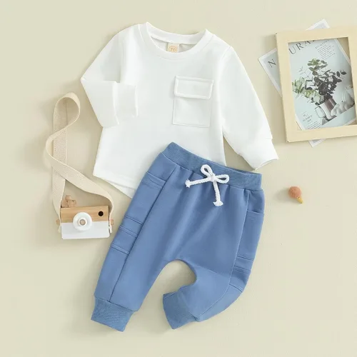Vista 6 de Conjunto de 2 piezas de sudadera de manga larga con bolsillo para bebé, camiseta y pantalones, conjunto de sudadera de otoño