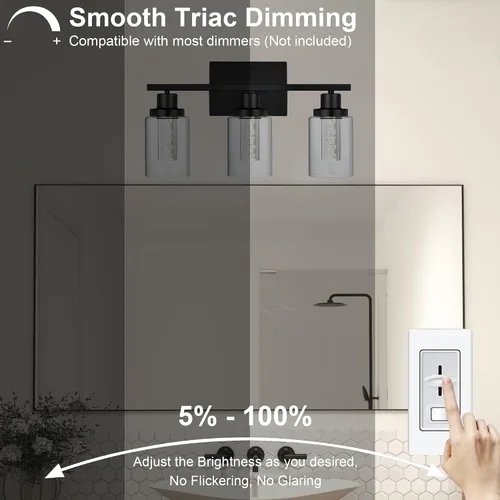 Vista 8 de MELUCEE Lámparas de tocador de baño, 3 luces LED sobre espejo, 3000 K-6000 K, moderna luz negra para baño con pantalla de cristal de burbujas, chips
