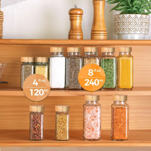 Vista 4 de ComSaf - Tarros de vidrio para especias con etiquetas de 4 onzas, paquete de 6 tapas pequeñas de bambú Empty Containers, Seasoning Herb Powder