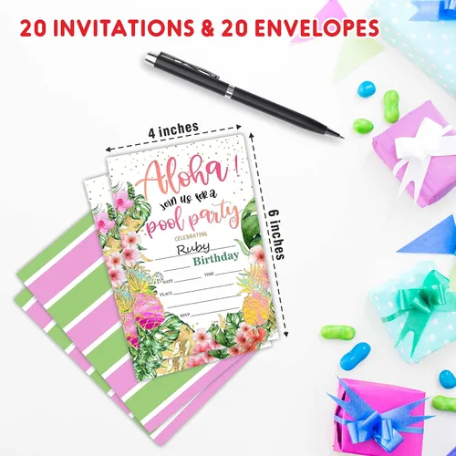 Vista 2 de AWSICE Invitaciones de cumpleaños para fiesta en la piscina, tarjetas de invitación de relleno de doble cara Aloha Tropical, 20 invitaciones