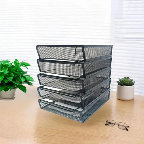 Vista 5 de Organizador de escritorio de malla metálica de 5 niveles, bandejas apilables para suministros de oficina, sistema de almacenamiento de archivos