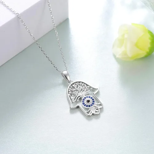 Vista 5 de Hamsa Hand Necklace for Women,925 Sterling Silver Hamsa Lotus Evil Eye Pendant Hand of Fatima Tree Elephant Necklaces,Hamsa Hand of Fatima Amulet