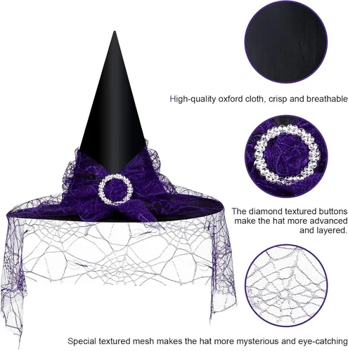Vista 23 de Edoneery Sombrero de bruja de Halloween para mujer, encaje de malla, accesorio de disfraz de mago para fiestas de cosplay
