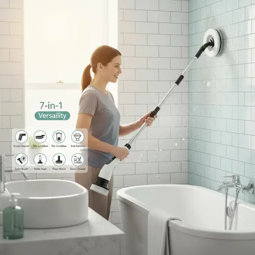 Vista 8 de Limpiador eléctrico inalámbrico giratorio – IPX7 impermeable, pantalla LCD, 8 cabezales de cepillo, mango de extensión ajustable, para ducha