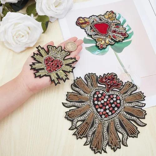Vista 4 de INFUNLY Parches de lentejuelas con cuentas, 3 parches geniales para chaquetas, parches de corazón de diamantes de imitación, parches para coser