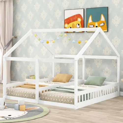 Vista 4 de MERITLINE Marco de cama doble para niños, 2 camas de plataforma de madera tamaño individual con valla, dos camas compartidas con techo, cama