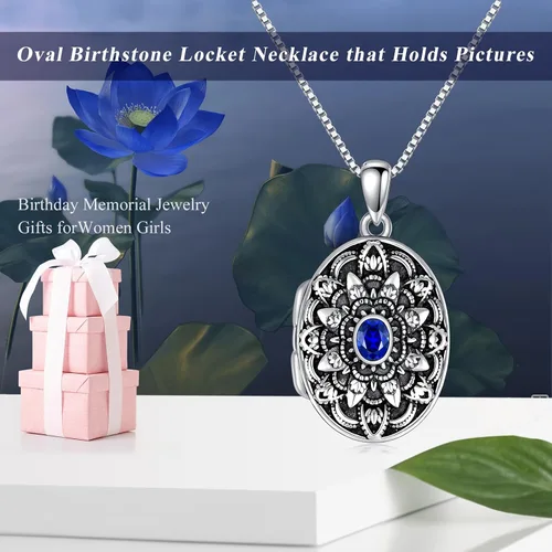 Vista 7 de Shusukue Collar con medallón de forma redondacorazónovalada que sostiene imágenes, plata de ley 925, fotos de piedra natal personalizadas, colgante