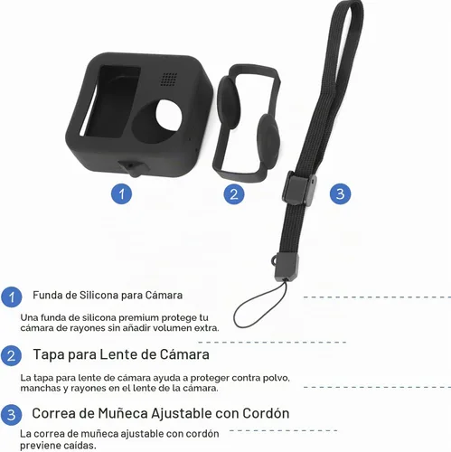 Vista 4 de Cuerpo de cámara de silicona y cubierta de lente, funda de silicona suave, cordón ajustable, para Max, negro