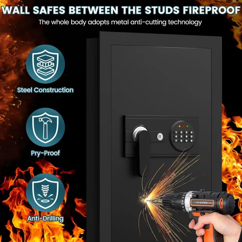 Vista 2 de Cajas fuertes de pared resistentes al fuego de 25.6 pulgadas entre los pernos de 16 pulgadas: caja fuerte oculta resistente con teclado digital, 2