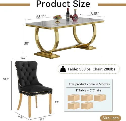 Vista 5 de HomVent Mesa de comedor moderna con 6 sillas, diseño rectangular de mármol sintético, mesa dorada con 6 sillas negras