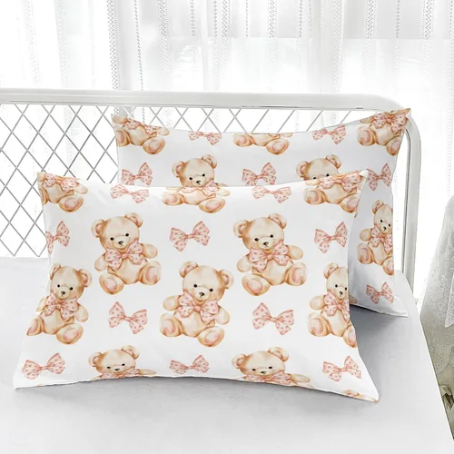 Vista 4 de AILONEN Lovely Bear - Juego de sábanas bajeras tamaño Queen, juego de ropa de cama con pajarita de dibujos animados para niños y niñas, sábana