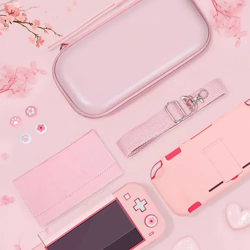 Vista 5 de BRHE Kit de accesorios para estuche de transporte de viaje rosa para Switch Lite, funda protectora dura con soporte, protector de pantalla