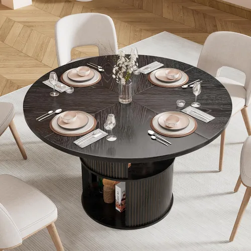 Vista 4 de Mesa de comedor redonda de 47 pulgadas para 4, mesa de comedor de cocina de granja con estante de almacenamiento de 2 capas y panel estriado