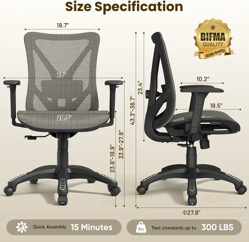 Vista 3 de Silla de oficina ergonómica, sillas de escritorio de malla para computadora con certificación BIFMA X5.1, soporte lumbar ajustable, brazo 3D