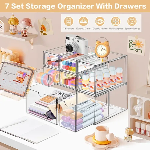 Vista 3 de Organizador de escritorio con 7 cajones, 7 paquetes de acrílico apilable, cajones de almacenamiento de escritorio, organizador de maquillaje, caja