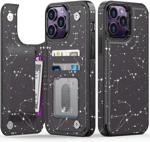 Vista 20 de LETO para iPhone 15 Pro Funda tipo cartera - Tapa tipo folio con patada - Diseños de moda - Tarjetero - Funda protectora para mujeres y niñas - 6.1