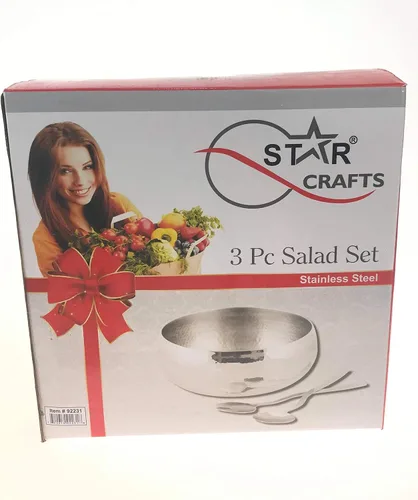 Vista 3 de Ensaladera martillada de 3 piezas con 2 utensilios para servir – Completo con cuchara y tenedor de gran tamaño a juego – Úselo como ensaladera