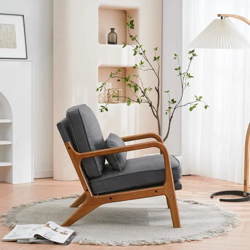 Vista 7 de Sillón moderno Mid-Century - Sillón de interior con respaldo y cojín de asiento, silla de lectura tapizada de terciopelo de peluche con reposabrazos