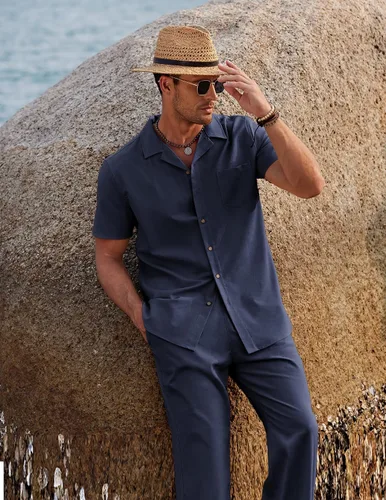 Vista 2 de COOFANDY Conjunto de 2 piezas de lino para hombre, camisa con botones y pantalones sueltos casuales