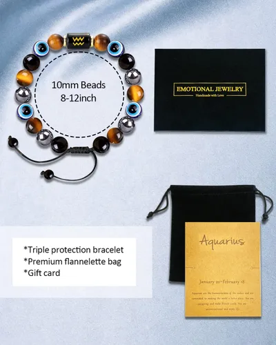Vista 6 de Pulsera de triple protección del zodiaco, ojo malvado, hematita, obsidiana, ojo de tigre, chakras, cuentas de cristal curativo para hombres