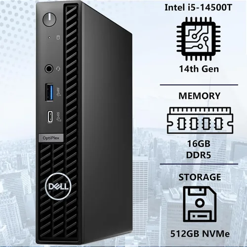 Vista 4 de Dell Pro Micro Desktop (reemplaza a Optiplex 7000 MFF), Intel Core I5-14500T, 14 Core, hasta 4.8 GHz, 16 GB RAM 512 GB SSD, RJ-45 Ethernet, HDMI