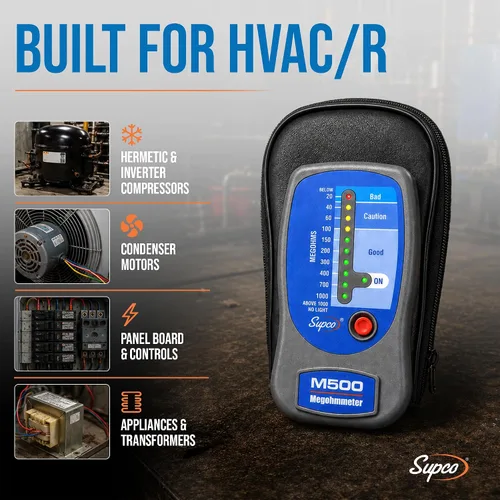 Vista 4 de Supco M500, medidor de aislamiento, megóhmetro electrónico con estuche suave portátil, de 0 a 1000 megohms Probador de aislamiento eléctrico