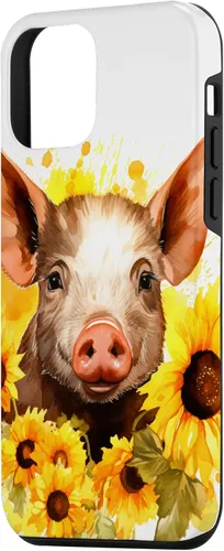 Vista 2 de iPhone 12 mini cerdo con girasoles granja animales flores amante diseño caso