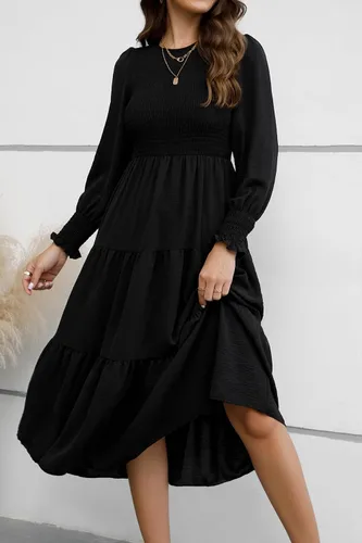 Vista 2 de ZOOMOON Vestido casual de otoño de manga larga para mujer, cuello redondo, cintura alta fruncida, vestidos largos escalonados