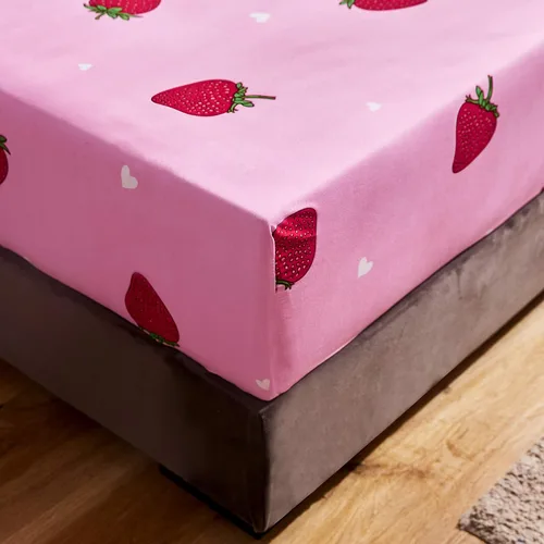 Vista 4 de LAMEJOR Juego de sábanas rosadas, tamaño individual, diseño de fresa roja Kawaii con bolsillos profundos de 14 pulgadas de profundidad, 4 piezas, 1