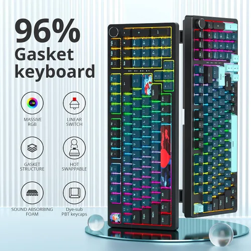 Vista 2 de Guffercty kred Soporte de junta de teclado para juegos con cable al 96%, teclado mecánico RGB intercambiable en caliente con control de perilla