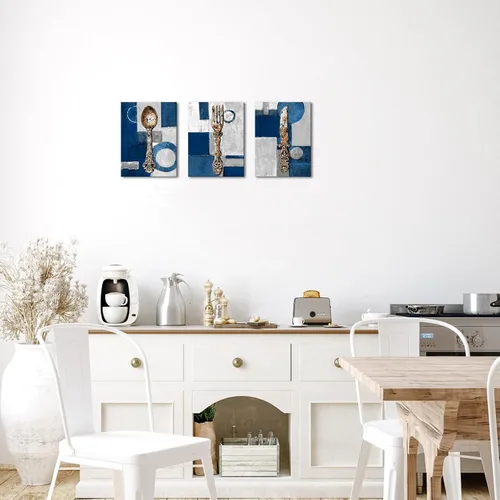 Vista 4 de sechars Cuadro de Cocina Vintage con Tenedor, Cuchillo y Cuchara en Azul y Gris, Pintura en Lienzo, Utensilios de Cocina, Impresión de Cuadro
