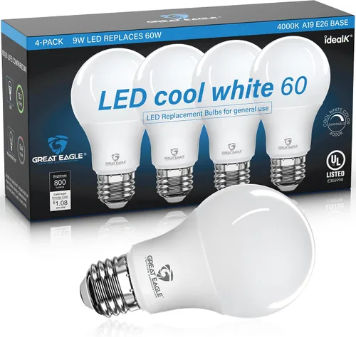 Vista 10 de Great Eagle - Bombilla LED A19, 9 W (equivalente a 60 W), certificación UL, blanco cálido 2700 K, regulable, repuesto estándar (paquete de 4)