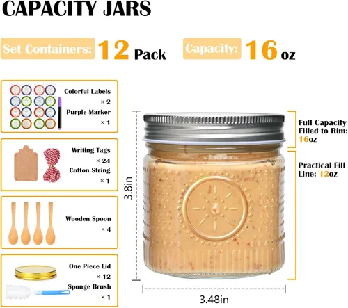 Vista 2 de Tarros de vidrio de 16 onzas con tapas, paquete de 12 tarros Mason de boca ancha Vintage Glass Pint Jars for Overnight Oats, Jam, Pickling, Meal
