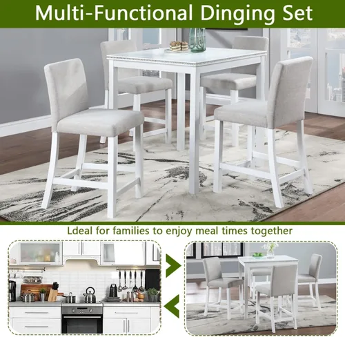 Vista 3 de Juego de mesa de comedor de madera de 5 piezas, juego de mesa de cocina con una mesa rectangular y 4 sillas tapizadas