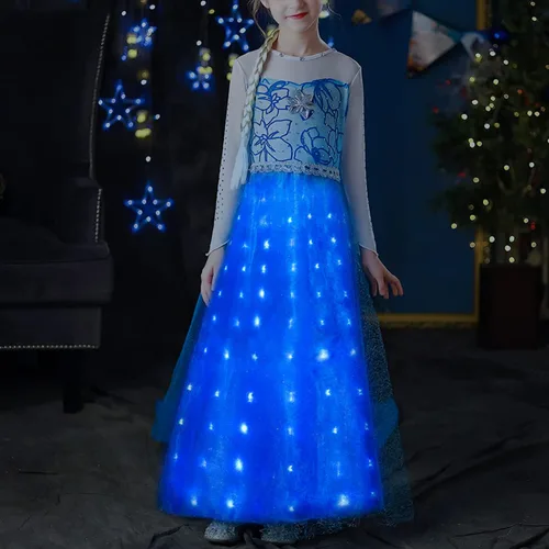 Vista 7 de UPORPOR Vestido de princesa iluminado, disfraces de Halloween, ropa para niñas y niños, traje de fiesta de Navidad, azul, 2-14 años