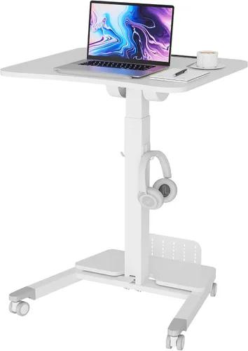 Vista 9 de BONTEC Escritorio móvil de pie de altura ajustable, carrito rodante para laptop con estante de almacenamiento, ganchos, estación de trabajo portátil