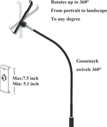 Vista 2 de Soporte de piso para tableta con cuello de cisne flexible y base de aluminio estable adecuado para teléfono inteligente y tableta de 3.5 a 10.6 Negro