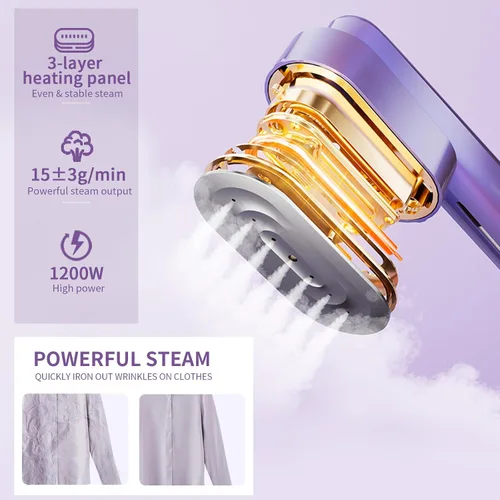 Vista 2 de Heapsion Vaporizador para ropa, vaporizador y plancha portátil 2 en 1 con autolimpieza, potente de 1200 W y calentamiento rápido de 30 segundos