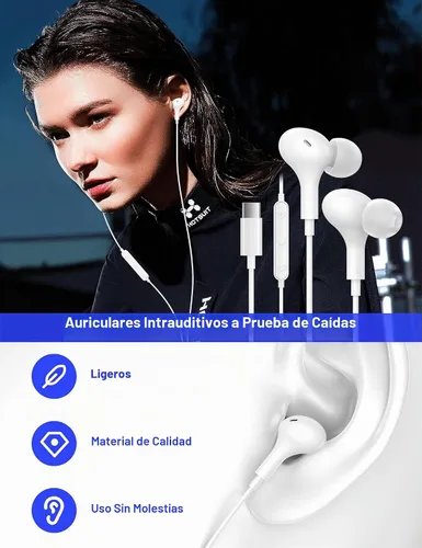 Vista 2 de Auriculares USB C para Apple/iPhone Duo 18 17 16 15 auriculares con cable con funda Blanco