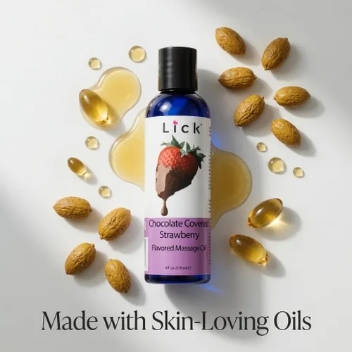 Vista 8 de Lick Aceite de masaje de fresas cubiertas de chocolate – Aceite de masaje comestible de postre gourmet con aceite de almendras y vitamina E