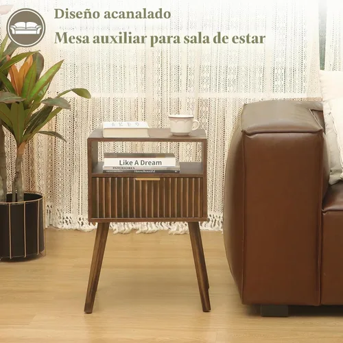 Vista 7 de Fultyle Mesita de noche pequeña, mesita de noche de madera con cajón acanalado y estante Marrón rústico