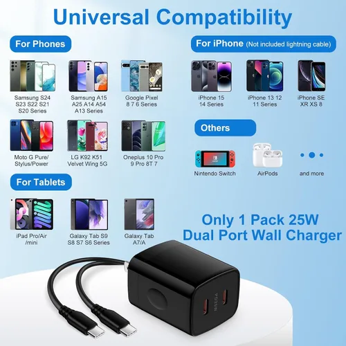 Vista 7 de Bloque de cargador de 25 W, USB C, caja de cargador de pared Android, 2 puertos, adaptador de corriente de enchufe de carga dual súper rápido