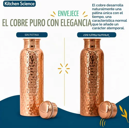 Vista 8 de Kitchen Science - Botella de agua de cobre con vaso y fundas de cuero negro, 34 onzas, a prueba de fugas, probada en laboratorio