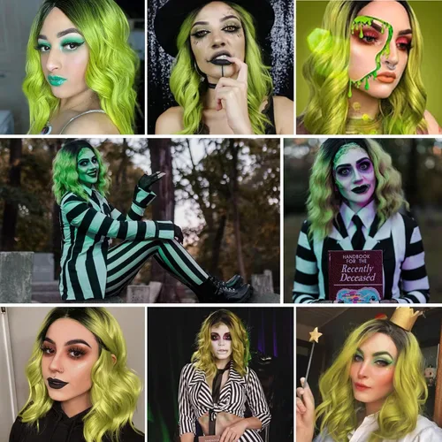 Vista 26 de Peluca de cosplay estilo Bob azul oscuro + horquilla de libélula + collar para fiesta, disfraz de Halloween, peluca de mujer