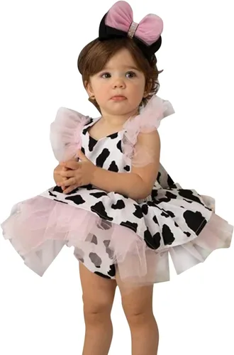 Vista 3 de Toddler Girl Fall Dress Baby Girls Romper Dress Infant Cow Print Tulle Clothes Take Home Outfit