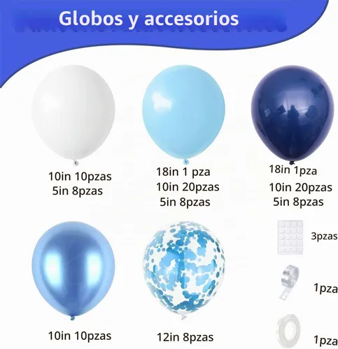 Vista 2 de Kit de arco de globos azules, kit de guirnalda de arco de globos azul marino y blanco con globos de confeti azul claro azul cromado, globos azules